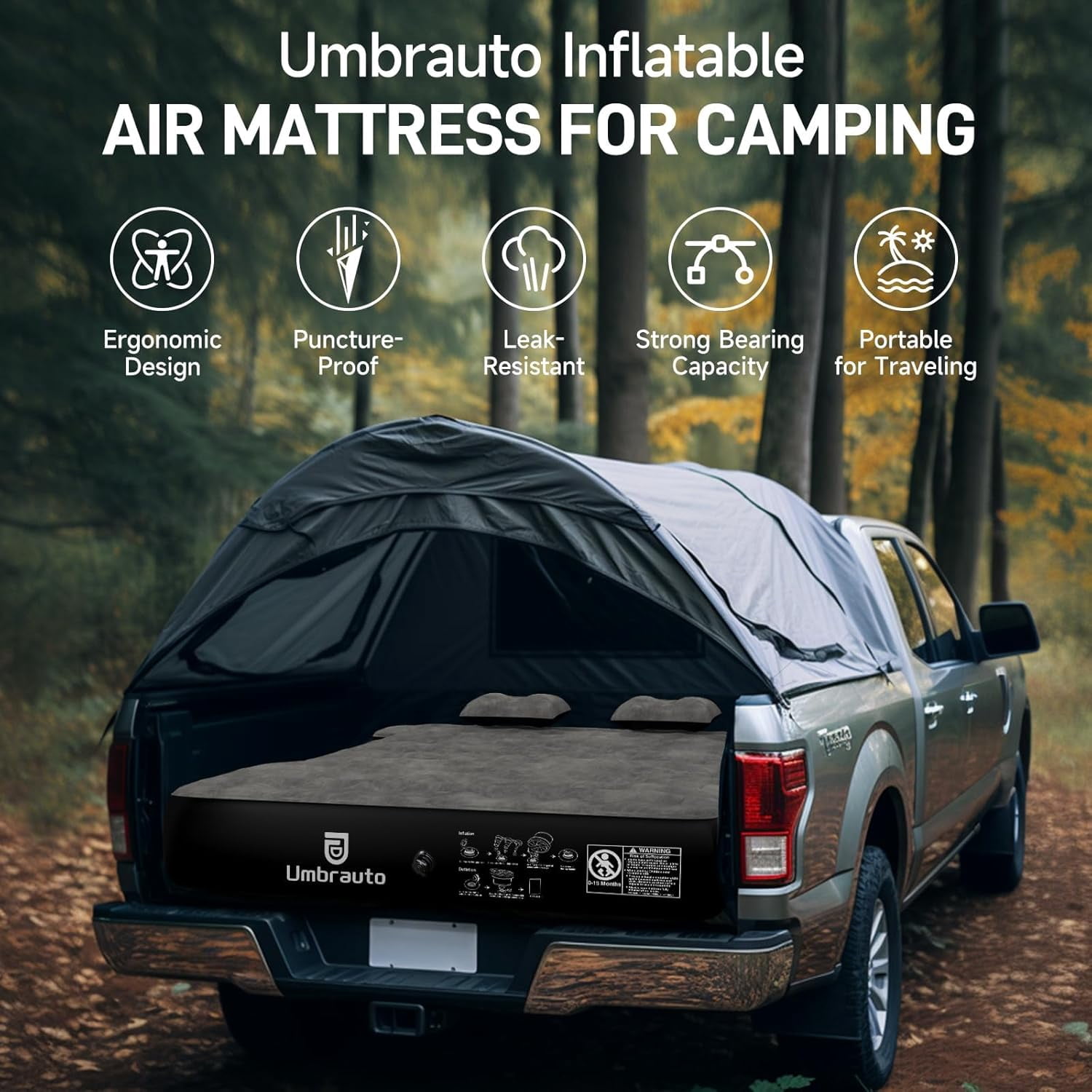 Truck Bed Air Mattress for 5.5'-5.8' Full Size Short Truck Bed Inflatable Camping Mattress with Pump & Carry Bag, Khaki Gray