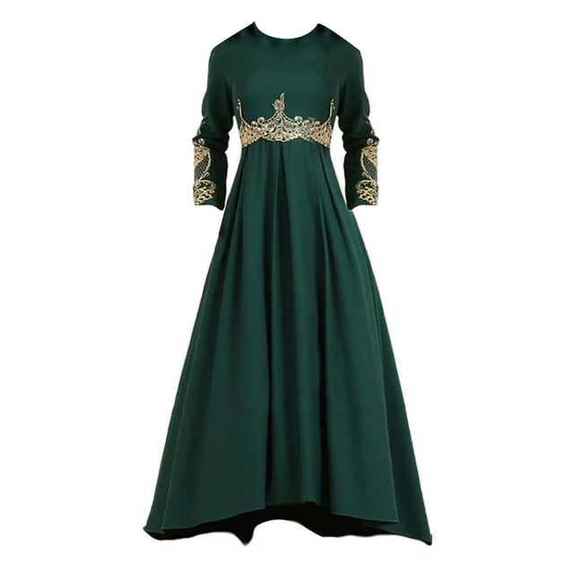 WTXUE Robes Maxi, Manches Longues Évasées Col Rond, 2024 Musulman Taille Haute Nationale Élégante Ajustée Grande Robe de Sol Brodée pour Femmes Grande Taille, Vert Taille TG
