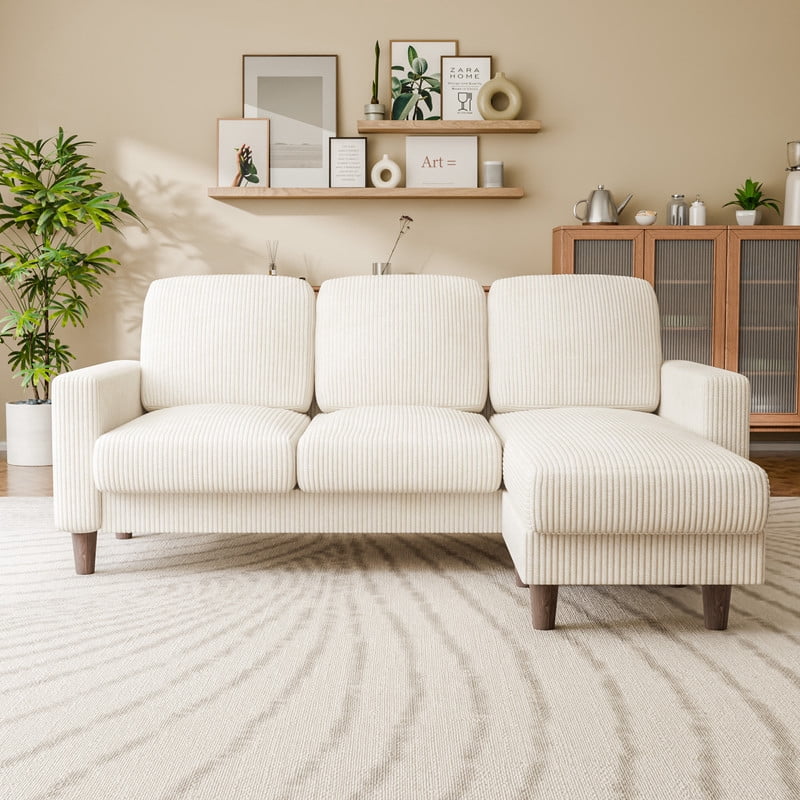 Lacoo 3 Seat Sectional Sofa L-Shaped Couch with Reversible Ottoman Convertible Cloud Couch for Living Room,Corduroy Beige