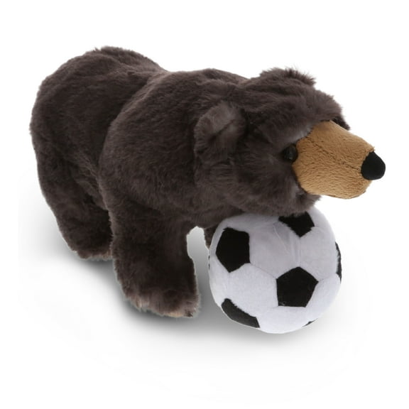 DolliBu Standing Wild Black Bear Stuffed Animal with Soccer Ball Plush - Soft Huggable Bear, Adorable Playtime Plush Toy, Cute Wildlife Gift, Soccer Plush Animal for Kids and Adults - 11 Inch