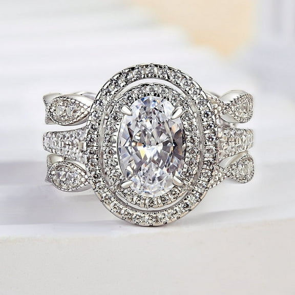 Eloya Jewel 14K White Gold Plated 2 Ct Oval Cut Diamond Engagement Ring - Three-Piece Wedding Set with Double Halo - A Beautiful Tribute to Lifelong Love