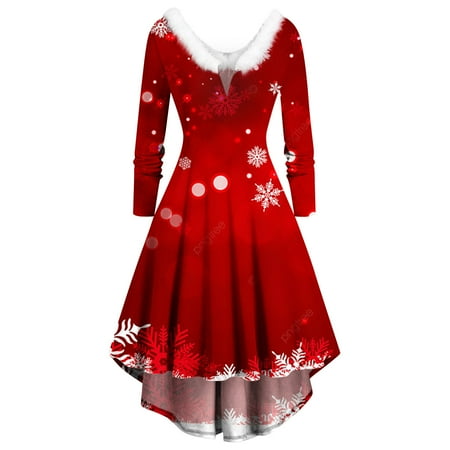 

Honeeladyy Women Long Sleeve Christmas Printed Furry V-Neck Draw Back Swing Party Dress Sales
