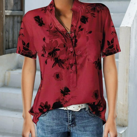 Askfv Women Summer Shirt Casual Shirt Short Sleeve Floral Print Button Blouse Pullover Top