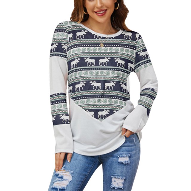 Camisa con estampado navideño, bloque de color, manga larga, informal, holgada, con cuello redondo, blusa estampada para mujer, verde claro S