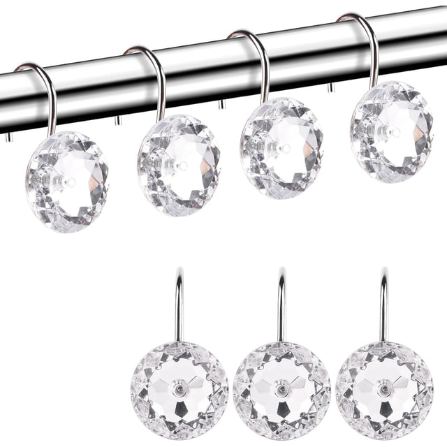 Anillos para cortina de ducha, ganchos de metal duraderos para cortina de ducha, accesorios decorativos para barra de baño con diamantes de imitación acrílicos a la moda, juego de 12