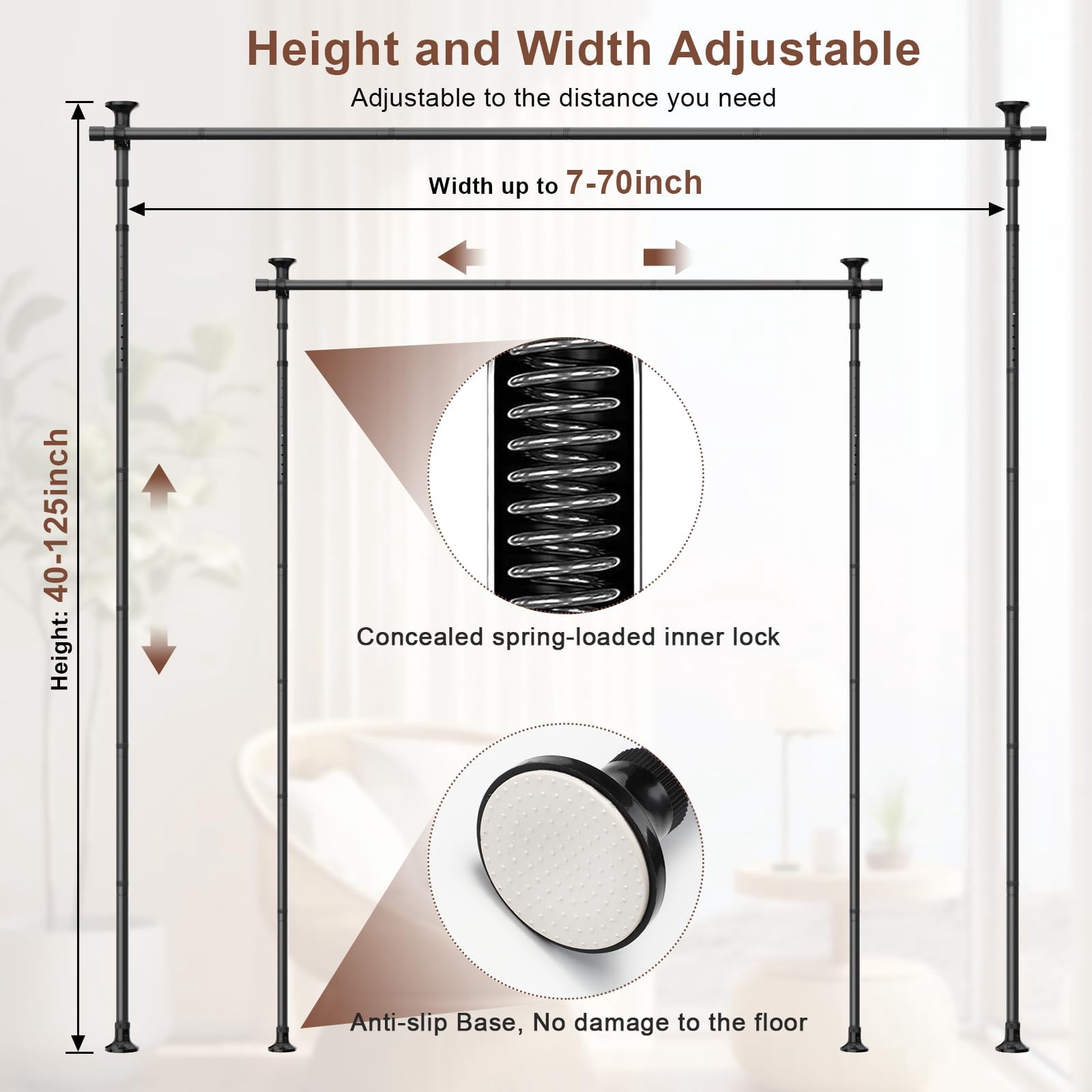 AEASKIEY Room Dividers Curtain Rod No Drill, 4-10ft(H) 28-70inch(W), Adjustable Heavy Duty Floor to Ceiling Tension Rod for Room Separation, Black