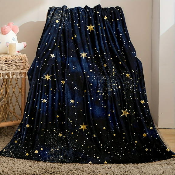 1pc Starry Sky Flannel Throw Blanket - Cozy, Soft, and Lightweight for Sofa, Bed, Travel, and Camping - Vibrant Blue with Golden Stars - Perfect Gift for Home or Office Comfort, Camping Comfort | Vib