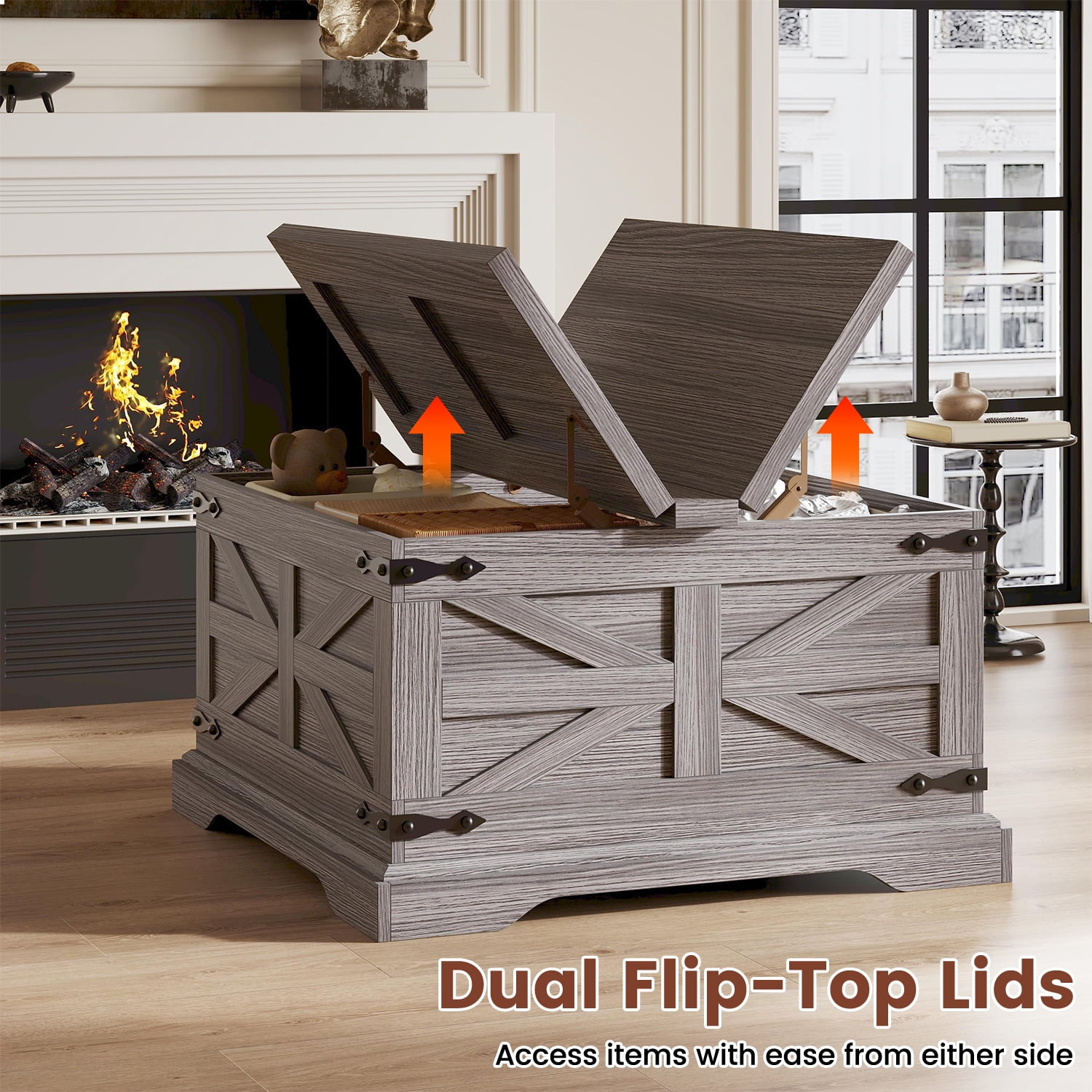 VVFLU Farmhouse Square Coffee Table with Storage for Living Room, Hinged Lift Top Soft Close, Grey