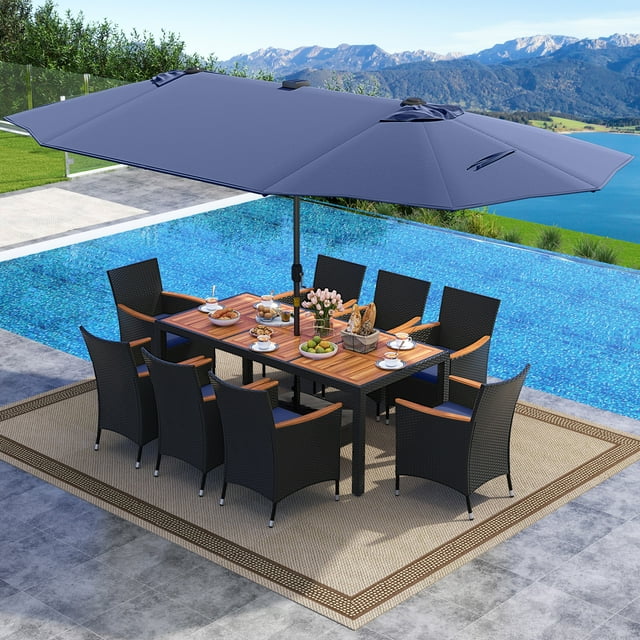 Gymax 11 PCS Patio Dining Set w/ 15ft Double-Sided Patio Umbrella (Base Included) Navy