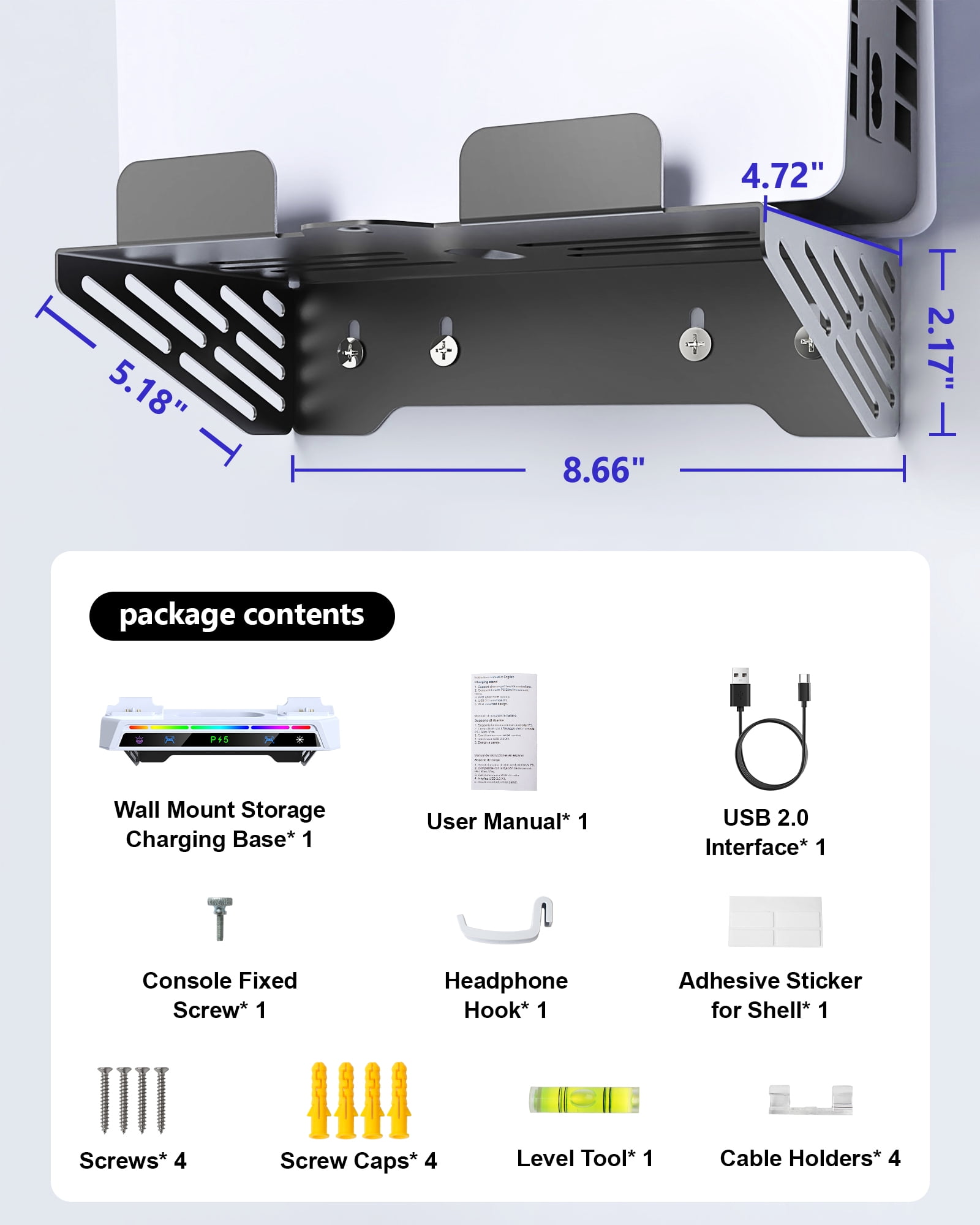 for PS5 Wall Mount Kit with 2-in-1 Charging Station, Floating Shelf Holder with Controller Fast Charger, 9 RGB Light Modes, for All PlayStation 5/Slim/Pro Disc & Digital Console