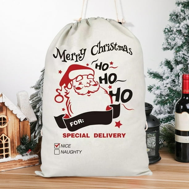 xihome Bolsa de regalo navideña grande con cordn ajustable, de lona, para guardar cosas en fiestas y eventos navideños (70 x 50 cm). Diseño festivo en rojo y verde. Reutilizable y decorativa.