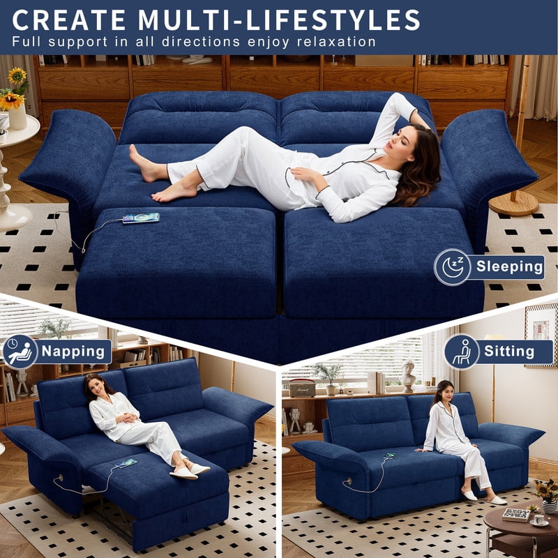 85" Convertible Sofa Bed, 2-in-1 Sleeper Sofa with Plush Fabric, Full-Size Pull-Out Couch with USB Charging Ports, Solid Wood Frame, High-Resilience Foam for Living Room & Small Space