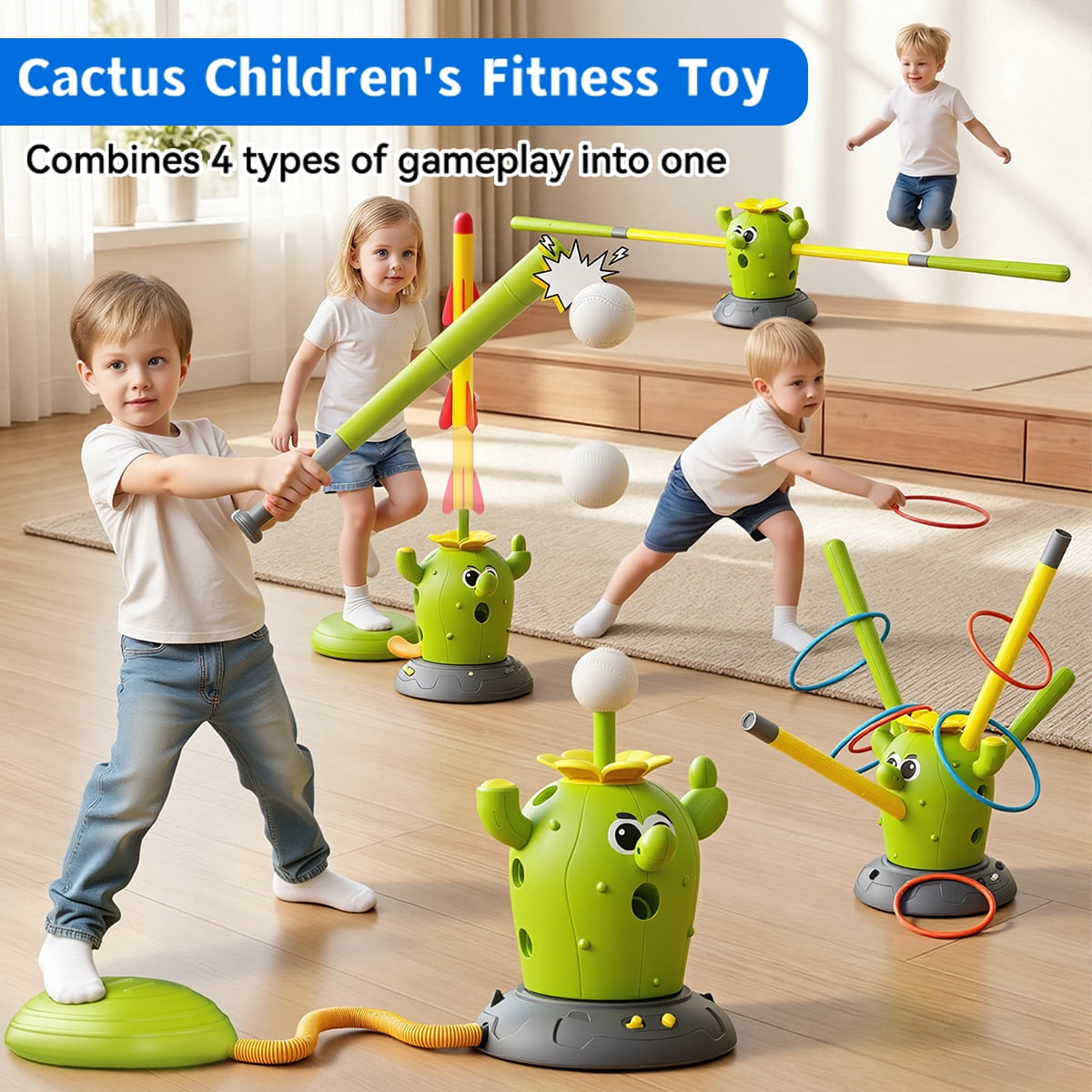 KNMDU 4-in-1 Cactus Toy Set with Ring Toss, Baseball, and Stomp Rocket Launcher, Active Play Outdoor Toy for Kids Ages 4-8