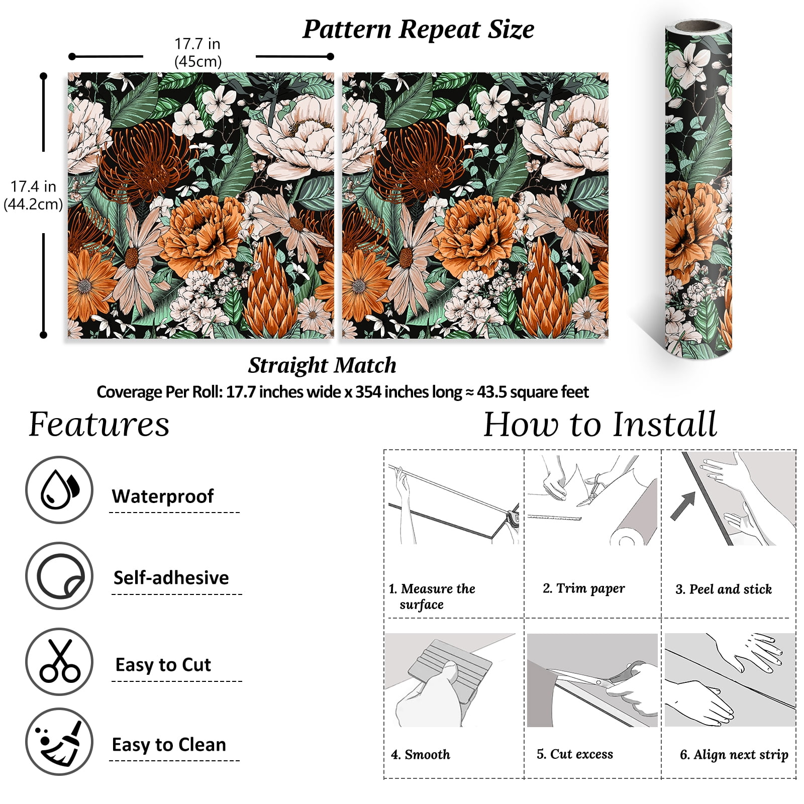 VEELIKE 17.7''x354" Vintage Daisy Peonies Floral Peel and Stick Wallpaper Self Adhesive Floral Mural for Bedroom Removable Decorative Flower Contact Paper for Cabinets Shelf Closet Bathroom Furniture