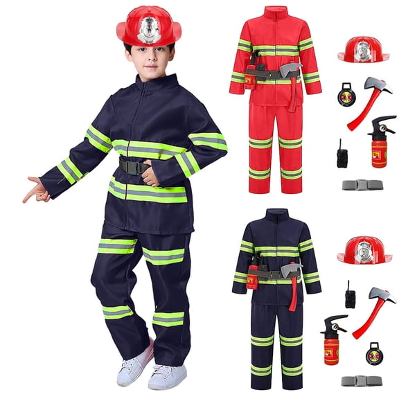 Boys Girls Kids Firefighter Set With Helmet And Accessories Pretend Play Dress Up for Child Party Performance Wear Stylish Outfit