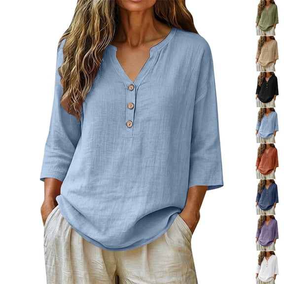 Qingpeng Womens Plus Size Linen Button 3/4 Sleeve Shirts Summer Causal Flowy Boho Gauze Tops Breathable Loose Fit Peasant Blouses
