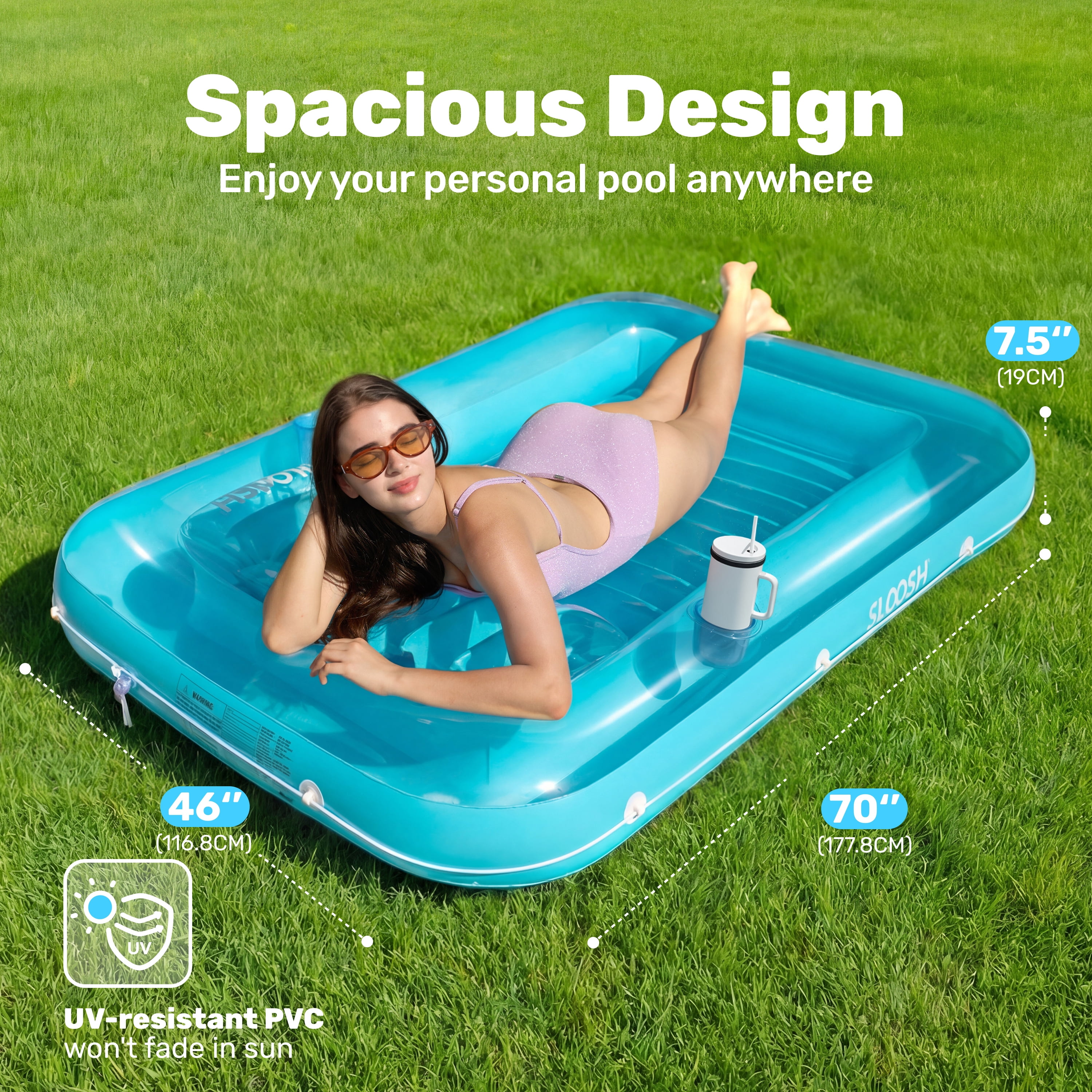 SLOOSH Inflatable Tanning Pool Lounger Float, 70" x 46" Large Suntan Tub with Pillow, Water Raft Float For Kids & Adults, L-Blue