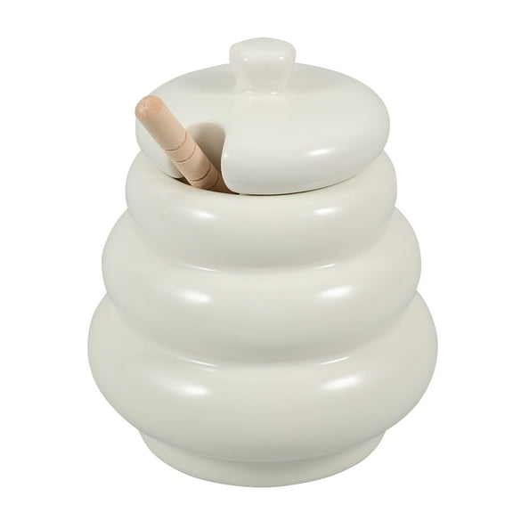 HEMOTON White Ceramic Honey Pot with Wood Dipper and Lid for Storage Use 1 Set