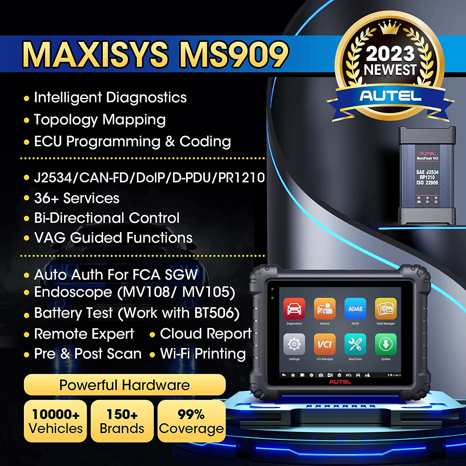 Autel MaxiSys MS909 Car Diagnostic Scan Tool ECU Programming  Coding, 36+  Services, Topology Map, Active Test Upgraded of Autel Elite MK908Pro  MS908S Pro