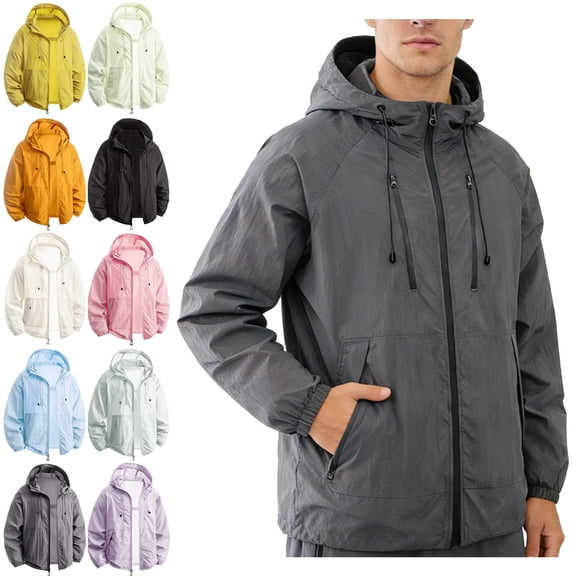 Zivyakyron Outdoor Men's Rain Jacket Long Sleeve Lightweight Zip up Windbreaker Hooded Jacket SPF Loose Plain Black 3XL