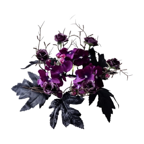 Halloween Decoration Indoor Purple Rose Candle Ring, Black Leaf Floral Candle Holder Decor, Gothic Table Accent 1 Pack 9.84in