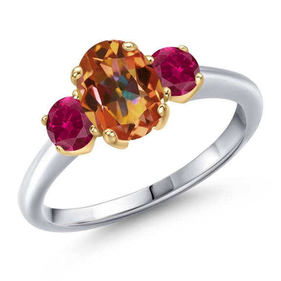 Gem Stone King 10K Two Tone Gold Ecstasy Mystic Topaz and Red Created Ruby Engagement Ring for Women | 2.00 Cttw | Oval 8X6MM | Gemstone November Birthstone | Size 5
