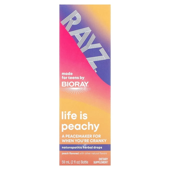 Bioray Rayz, Life Is Peachy, Herbal Drops For Teens, Peach, 2 fl oz (59 ml)