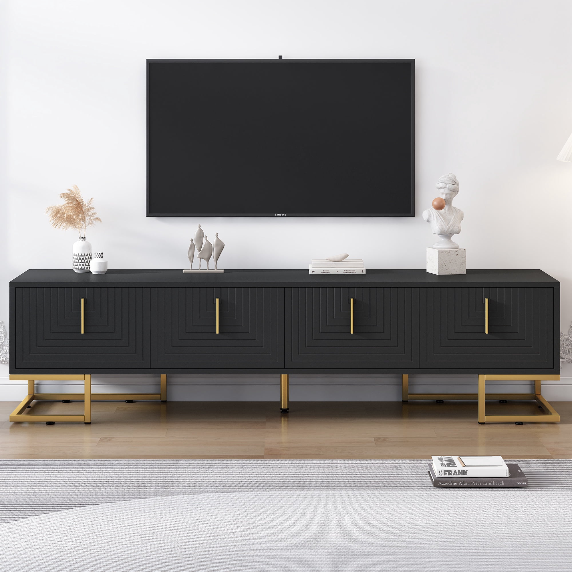 PORKISS TV Stand, Modern TV Console Table with Cabinets for TVs Up to 80”, Media Console Table with Doors and Shelves, Entertainment Center for Living Room, Black/Gold