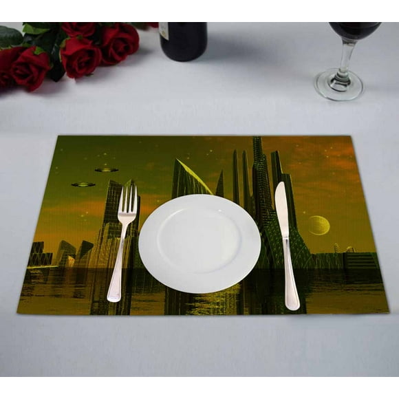 YUSDECOR Modern Alien City Computer Artwork Kitchen Dining Table Mats Placemats Size 12x18 Inches, Set of 2 Pieces