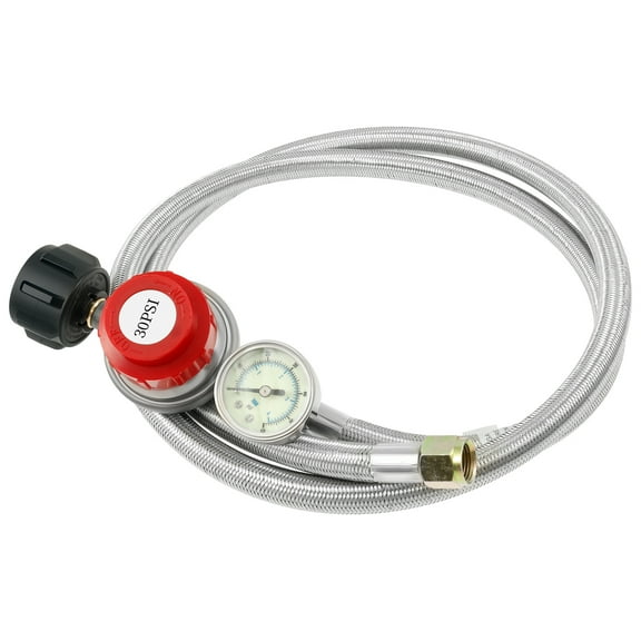5FT Stainless Steel Brass Propane Regulator And Hose 30 PSI Adjustable Heat Resistant Gas Grill Regulator Hose for Turkey Fryer Fire Pit Camping Stove