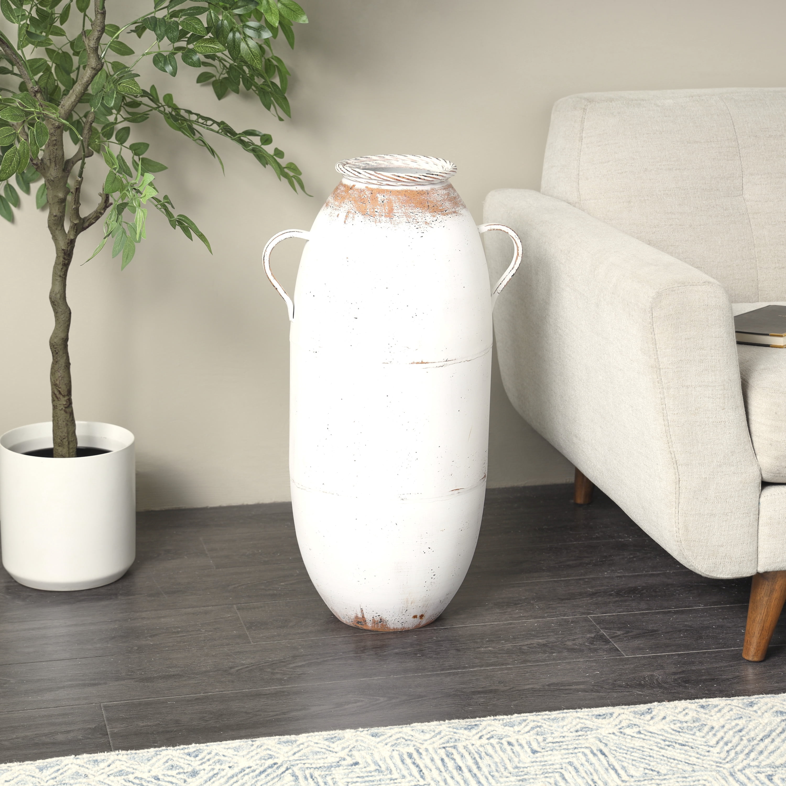 DecMode 28" Antique Style White Metal Vase with Terracotta Accents and Handles
