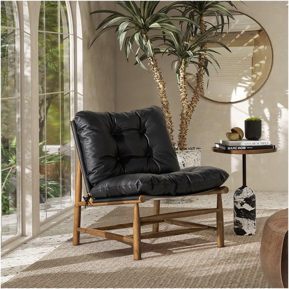 Mid-Century Modern Accent Chair in Genuine Leather, Stylish Black Upholstered Chair for Living Room or Office