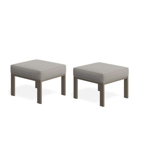 Set of 2, 22” All-Weather Metal Patio Ottomans Thick Beige Cushions & Khaki Frame