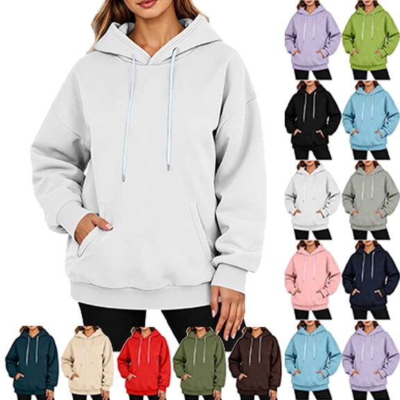 Basic Oversized Hoodies for Women Solid Color Hooded Sweatshirt Baggy Plain Pullover Loose Fit Tops, #01_White, L