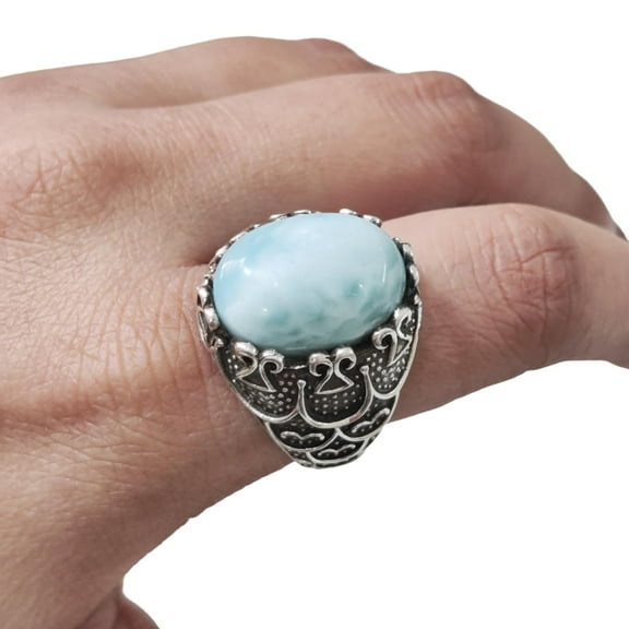 Natural Larimar Mens Ring, Dominican Larimar Ring, Larimar Birthstone, Silver Jewelry, 925 Silver Ring, Gift, Heavy Mens Ring, Arabic Design, Ottoman Style Ring, Christmas, Turkey Mens Signet Ring