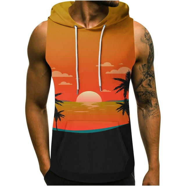 Hyknon Tank Tops Men Independence Day Hooded Tank Top 3D Non Positioning Sunset Tree Print Sleeveless Head Drawstring Pocket Hooded Tank Top Casual T-shirt Top Tops