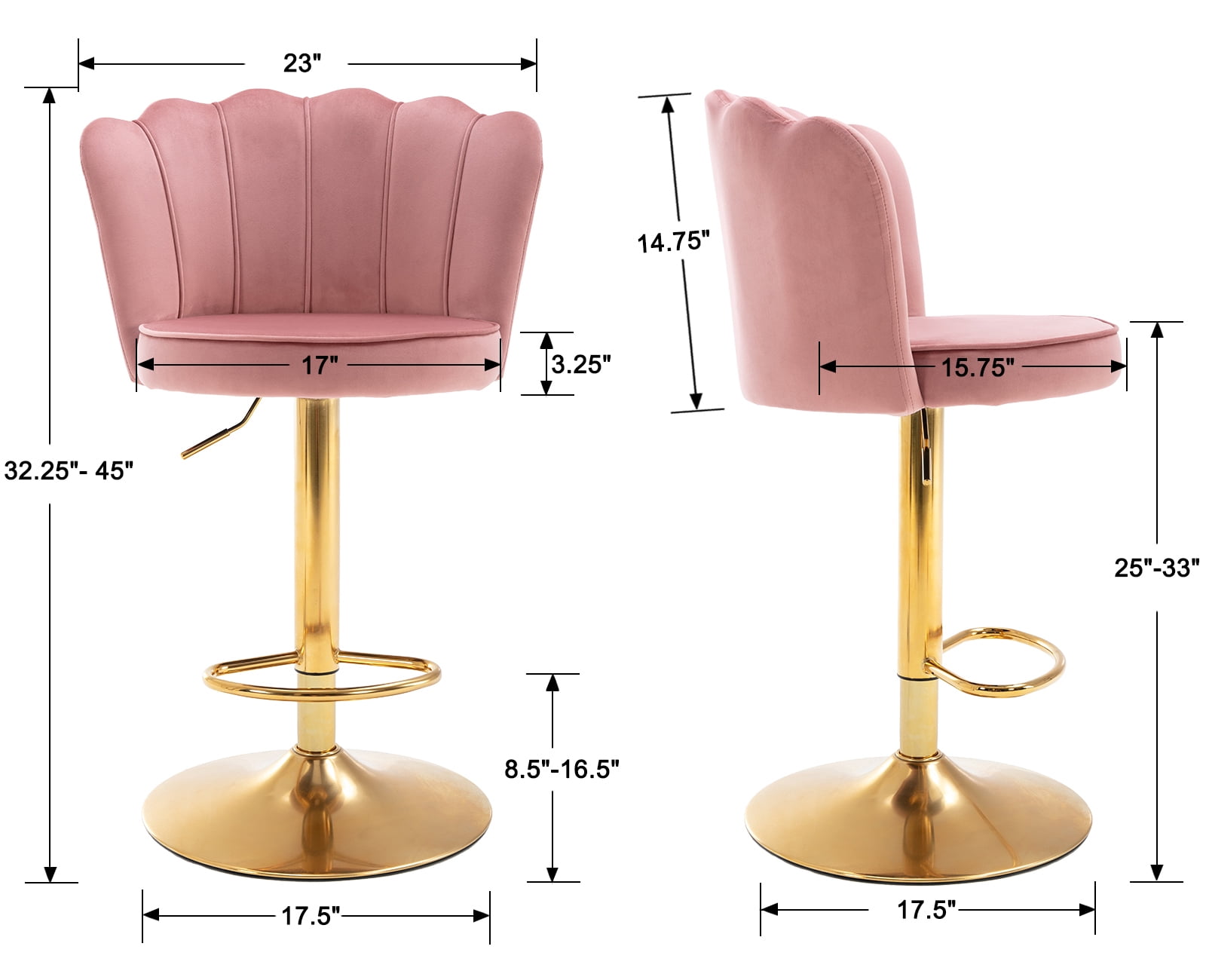 Guyou Swivel Adjustable Bar Stools Set of 2, Velvet Counter Height Barstools with Petal Back and Gold Footrest, Modern Counter Bar Height Stool Chairs for Kitchen Island Bar Cafe, Dark Pink
