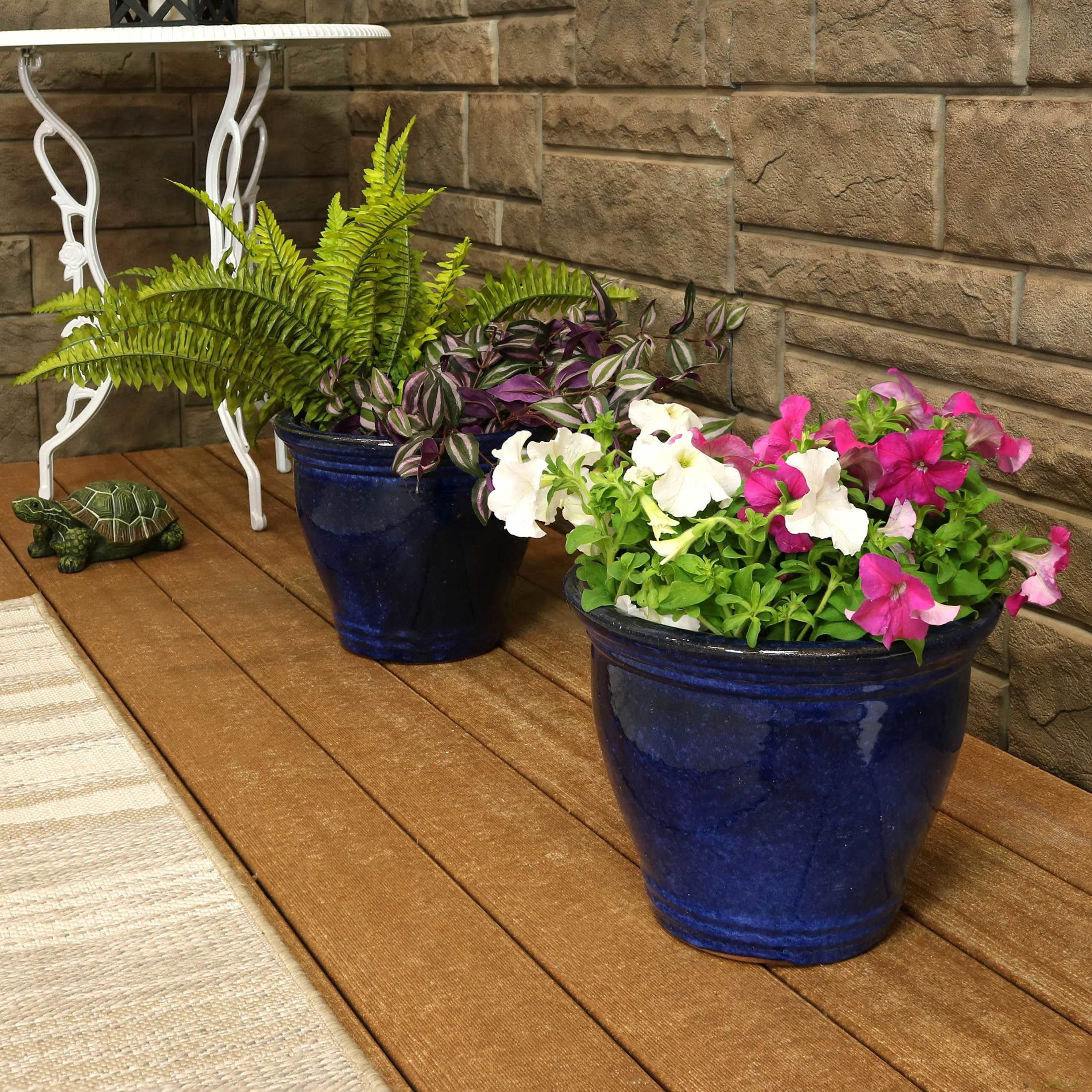 Sunnydaze Studio 11.5" x 11.5" x 10" Round Imperial Blue Ceramic Outdoor Planter 2-Count