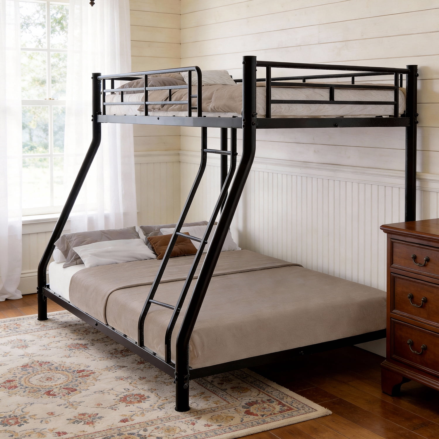 BaPiPro Metal Bunk Bed Twin Over Full Size with Removable Stairs, Heavy Duty Metal Frame with 12" Under-Bed Storage for Teens & Adults, No Box Spring Needed, Black