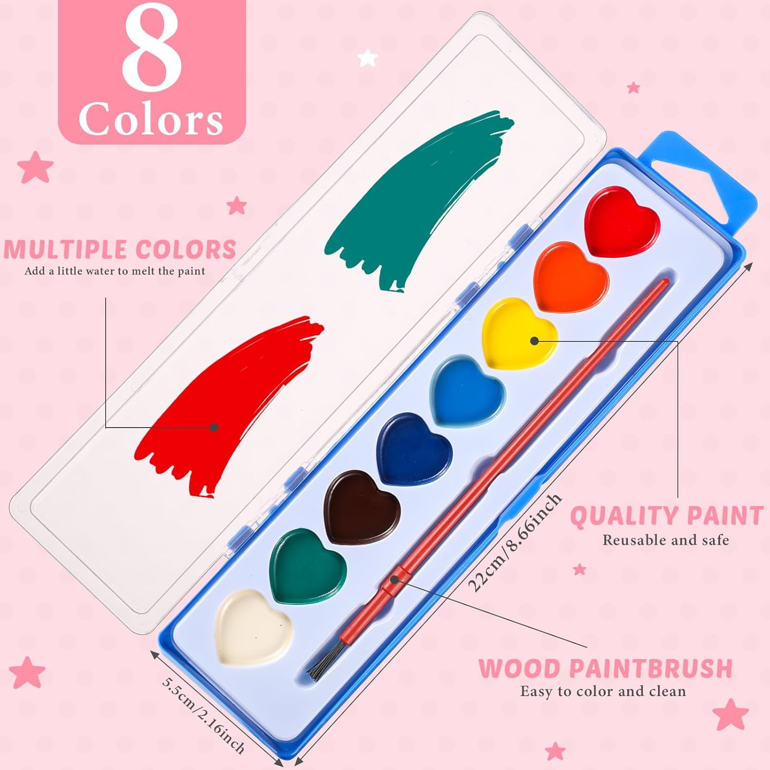 18 Pack Heart Watercolor Paint Set,8 Colors Washable Valentines Water Color Paint Set for Kids with Paintbrush,Watercolor Paint for Prizes Exchange Gifts,Valentine's Day Gifts,Party Favor,Classroom