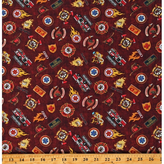 Cotton Firefighters Fire Department First Responders 5 Alarm Red Cotton Fabric Print by the Yard (1649-26295-R)