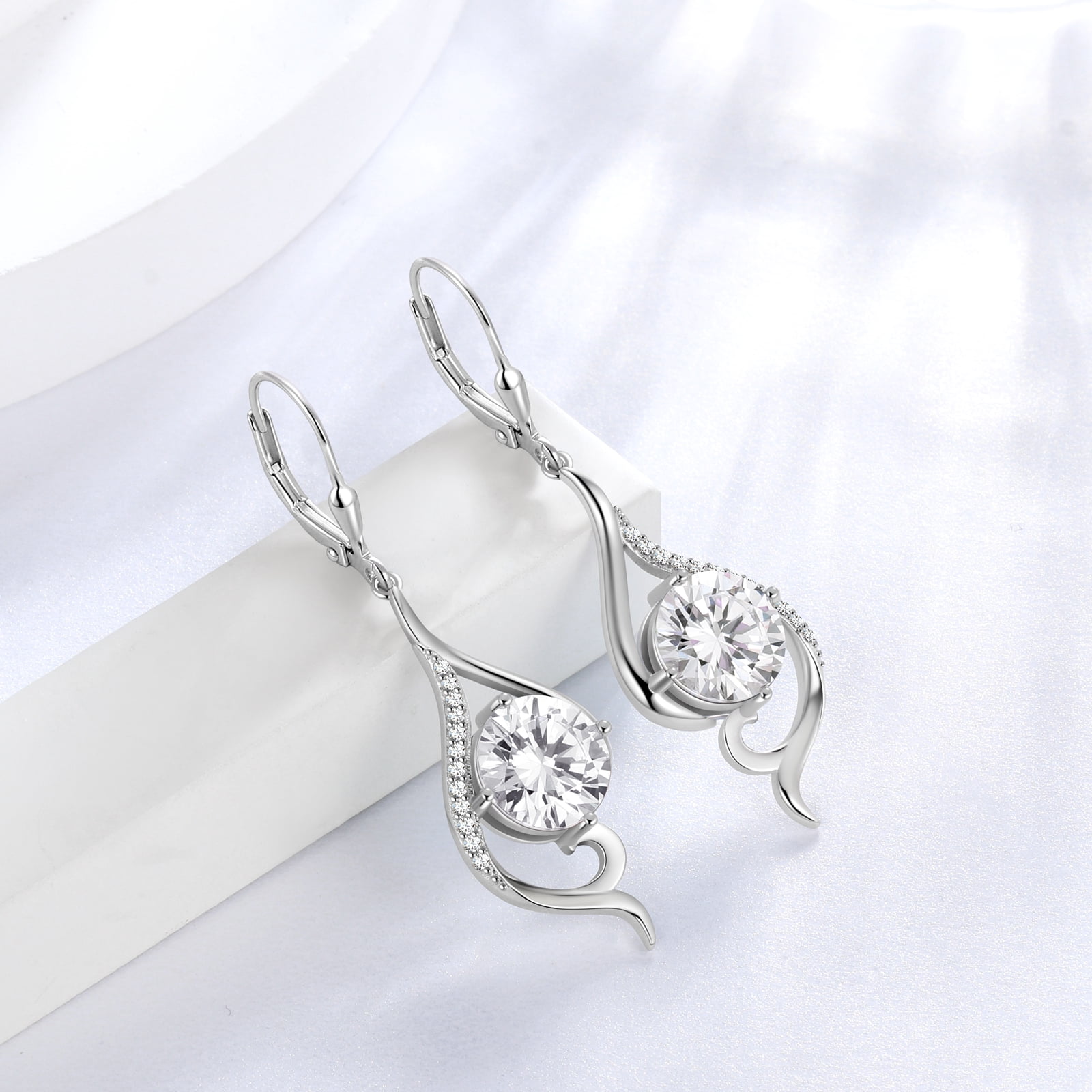 Juwaliy Women Dangle Earrings April Birthstone Earrings Sterling Silver Leverback Diamond Bridal Jewelry Mermaid Tail Wife Birthday Valentines Mother's Day Gift for Her