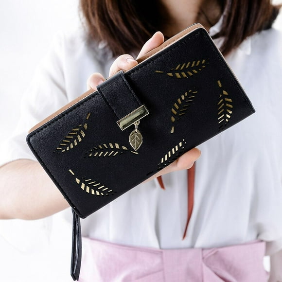 Women Fashion Hollow Leaves Clutch Long Purse Card Holder PU Leather Bifold Wallet Money Pocket