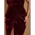 thumbnail image 5 of Burgundy Velvet Draped High Slit Ruffle Hem Evening Dress For Women, 5 of 8