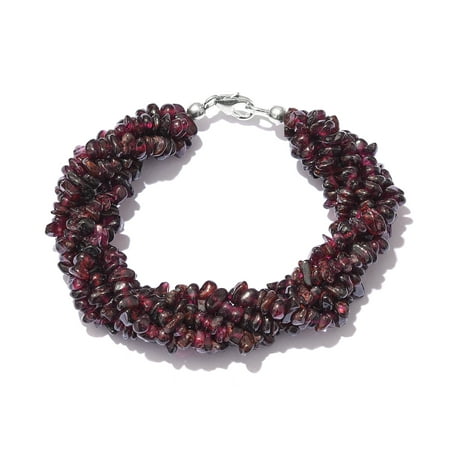 Silver Garnet Cuff - 5 Strand Twisted Bracelet Garnet Chips 925 Sterling Silver Platinum Plated Gift Jewelry for Women Size 7.25