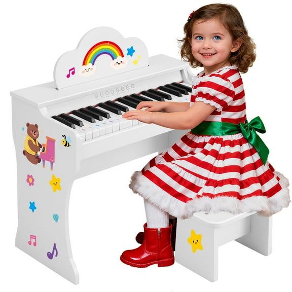 White 37Keys Kids Digital Piano Keyboards Wooden Toys for Toddlers Music Education w/Bench,Stickers