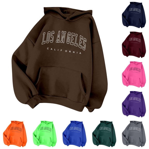 CAIVO Long Sleeve Hoodies For Women Oversized Los Angeles California Letter Print Hoodie With Pocket Casual Pullover Sweatshirt Cold Weather Tops