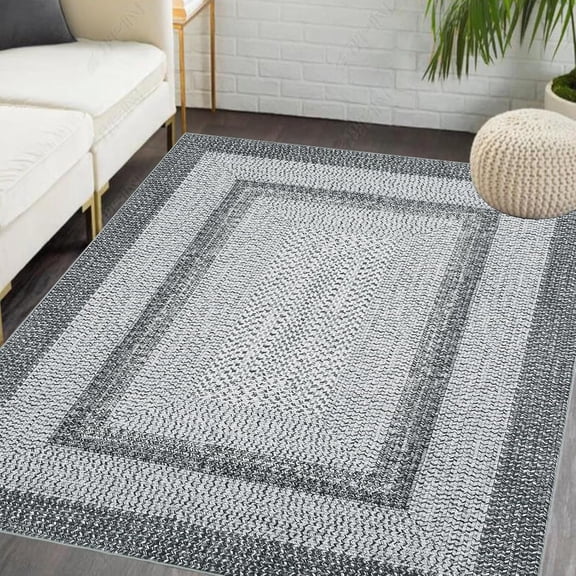 5x7 Area Rug for Living Room Washable Non-Slip Low Pile Vintage Braided Print Grey