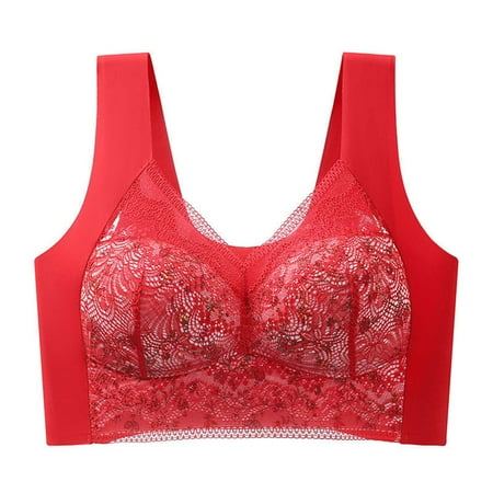 Ousvtion Women s Floral Lace Bra  Full-Coverage Lingerie No Underwire Bralettes Beauty Back Smoothing Bras Push Up Padded Underwear Clearance Deals  Red 4X-Large