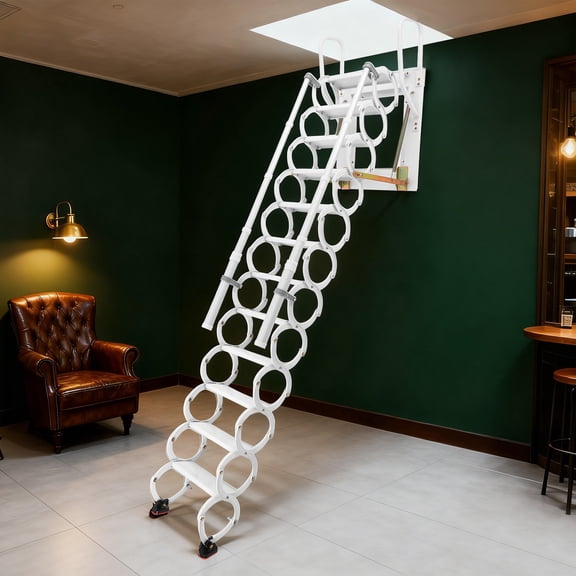 ToppiJoy 12 Step Heavy Duty Attic Ladder Wall Mounted Ladder, Cold-Rolled Steel Folding Attic Loft Ladder with Anti-Slip Pedals Handrails (White)